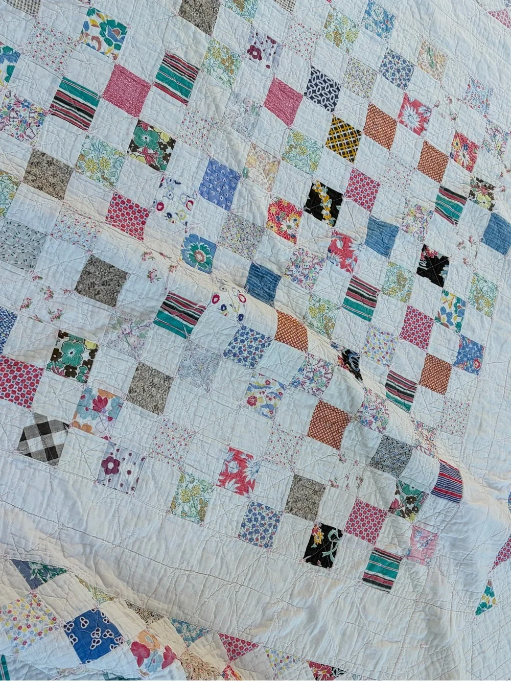 Vintage 1920-1940s checkerboard Irish quilt patchwork diamond feed sack blanket